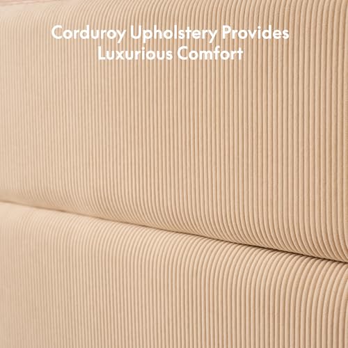 FLEXISPOT 51” King Bed Frame with LED Lights, Charging Station & Storage Shelf, Elegant Corduroy Upholstered Platform Bed with Tall Wingback Headboard, No Box Spring Needed, Beige FLEXISPOT