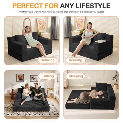 Erament Loveseat Boneless Convertible Sofa Bed, Folding Floor Futon Sleeper Sofa Couch Bed- Boneless Foldable Couch, Corduroy Pull Out Sofa Bed with 2 Pillows for Living Room & Bedroom Erament