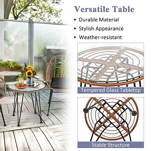 Tangkula 3 Pieces Patio Conversation Bistro Set, Outdoor Wicker Furniture w/Round Tempered Glass Top Table & 2 Rattan Armchairs, Bistro Chat Set w/Seat Cushions for Porch, Backyard, Garden Tangkula