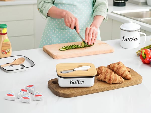 LANDNEOO Butter Dish with Lid and Butter Curler Knife - Unbreakable Stainless Steel Keeper Container with Double Silicone Sealing, for Kitchen Farmhouse Decor LANDNEOO