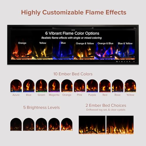 Modern Ember Wyman Linear Grey Stone Mantel Package with 50" Smart Electric Fireplace Heater Insert | Alexa/WiFi Enabled | Multi-Flame Colors & Brightness Modern Ember