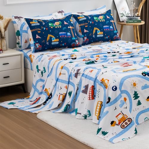 Holawakaka Trucks Tractors Cars Boy Bedding Comforter Set with Sheets, Twin Size Cartoon Construction Car Excavator Print Kids Bed in A Bag 5-Piece, Boys Reversible Dorm Bed Sets (Navy Blue Twin) Holawakaka