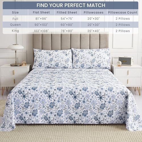 Mooreeke Queen Size Sheets Set - 4 Piece Soft Breathable Microfiber Bed Sheet Set - Blue & White Flower Pattern Sheet Set Queen - Deep Pocket Non-Slip Floral Fitted Sheet Included for All Season Mooreeke