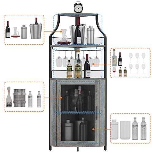 GAOMON Corner Wine Bar Rack Cabinet with Detachable Wine Rack, Bar Cabinet with Glass Holder, Small Sideboard and Buffet Cabinet with Mesh Door (Grey) GAOMON