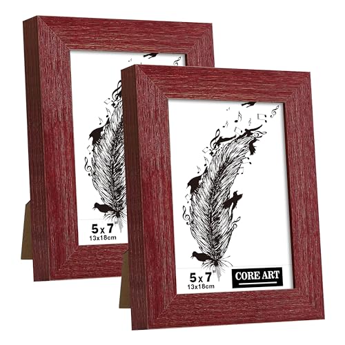 CORE ART 5x7 Picture Frame, Handmade Wood Rustic Red Photo Frame Set of 2, High Definition Semi-tempered Glass Wall or Tabletop Display CORE ART