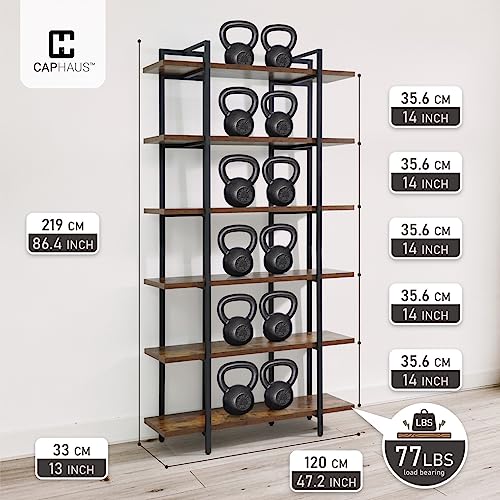 CAPHAUS Vintage Industrial 6-Tier Bookshelf in Rustic Oak – 86" High Open Display Unit with Durable Metal and Wood Design CAPHAUS
