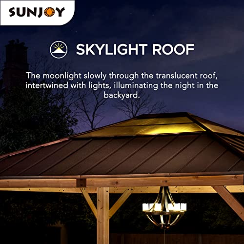 Sunjoy Hardtop Gazebo 13 x 15 ft. Upgrade Cedar Framed Wood Gazebo with Brown Steel and Polycarbonate Hip Roof Hardtop for Garden, Backyard Shade, Brown Roof + Natural Wood Frame Sunjoy