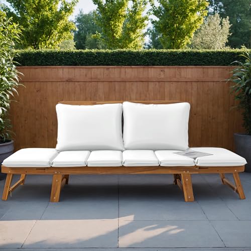 Greesum Patio Convertible Couch Sofa Bed with Adjustable Armrest, Acacia Wood Outdoor Daybed with Cushion & Pillow, Folding Chaise Lounge Bench for Porch Courtyard Poolside,White Greesum