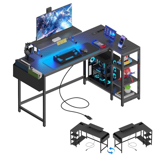 Eivanet L Shaped Gaming Desk with LED Lights & Power Outlet, 40" Reversible Computer Desk with Adjustable Monitor Stand and Storage Shelves Corner Home Office Desk for Small Space Carbon Fiber Black Eivanet