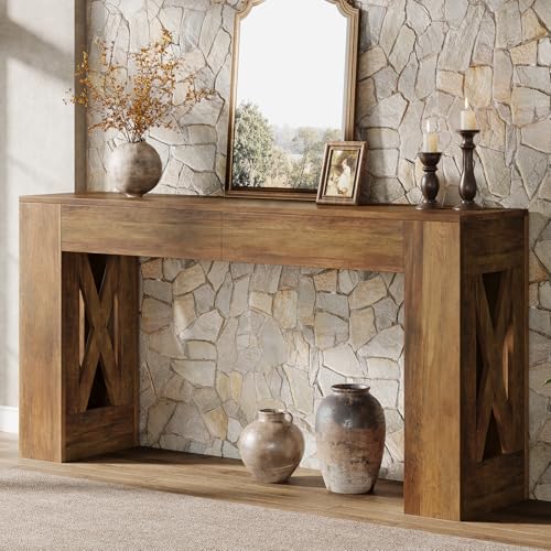 Tribesigns 63-Inch Long Console Table, Farmhouse Entryway Table with 2 Drawers and X-Shaped Legs, Narrow Sofa Furniture Behind The Couch for Entrance, Hallway, Living Room, Warm Brown Tribesigns