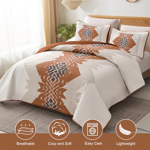 Dintszyayue Boho Queen Quilt Set 3 Pieces Aztec Texture Bedspread Coverlet Set Bohemian Quilt Bedding Set Microfiber Lightweight Bed Cover for All Seasons (Terracotta, 90"×96") Dintszyayue