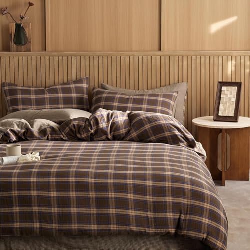 EAVD Vintage Style Brown&Blue Buffalo Plaid Duvet Cover Set Queen Soft 100% Cotton Muslin Blue Brown Grid Gingham Bedding Set with 2 Pillowcases Farmhouse Gingham Duvet Cover with Zipper Closure EAVD