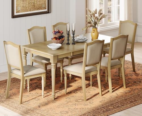 WAMPAT 7 Piece Dining Table Set, Rectangular Table for 6-8, 6 Dining Chairs with Upholstered Back & Rubber Wood Legs, Kitchen Table with Chairs for Dining Room, Oak WAMPAT