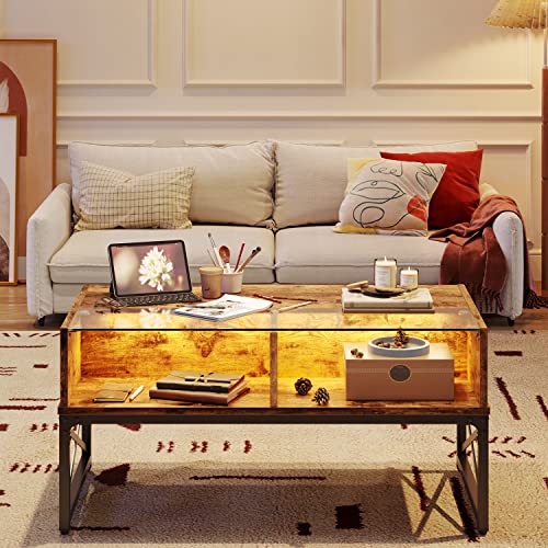 Bestier LED Coffee Tables for Living Room, 42 Inch Wood Center Table with Glass Top for Game Night. Rustic Brown Bestier