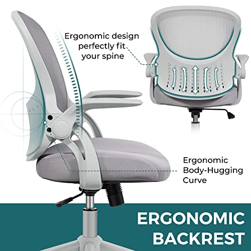 Smug Home Office Chair Ergonomic Desk Chair Mesh Computer Chair Modern Height Adjustable Swivel Chair with Lumbar Support/Flip-up Arms, Grey SMUG