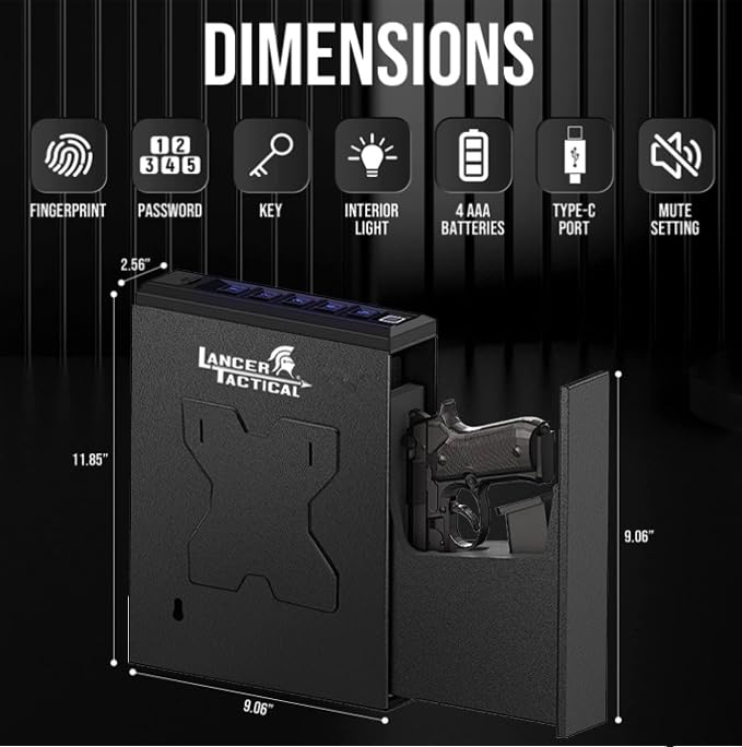 Lancer Tactical Biometric Slider Handgun Gun Safe for Pistols Nightstand, Desk, Bed Side,Truck-Quick-Access Firearm Safety Device with Fingerprint Lock or Key Pad, PIN Code, and KEY Access Lancer Tactical