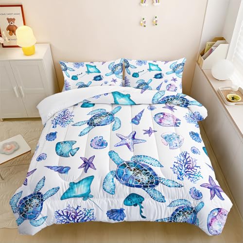XYNHML Blue Sea Turtle Comforter 3Pcs Ocean Bedding Set Twin Coral Starfish Shell Fish Bedding Set for Kid Teen Girl Boy Adult Bed Decor Conch Manta Ray Quilt with 1 Comforter and 2 Pillowcases XYNHML