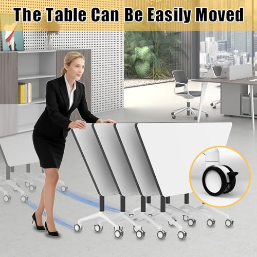 Folding Conference Table,47.2In Modular Conference Room Tables with Wheels,White Meeting Table Flip Top Mobile Training Table,Modern Seminar Boardroom Tables for Office School-T Shaped (6, White) rzoizwko