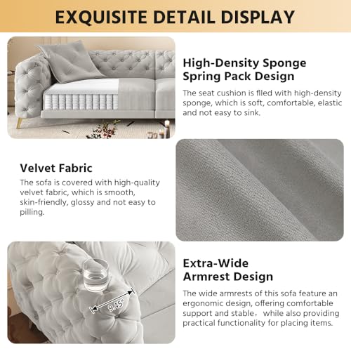 Tabaray 97.7'' Pull Out Sofa Bed King, Chesterfield Velvet Sleeper Sofa, Convertible L-Shaped Futon Couch, Tufted Back, Ottoman, Deep Seat Loveseat Couches for Living Room, Apartment, Light Gray Tabaray