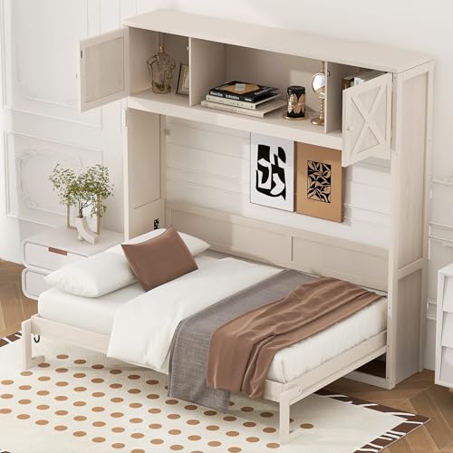 Merax Queen Size Murphy Bed with Storage Cabinets, Rustic Solid Wood Wall Bed with 3 Cabinet Shelves, Space Saving Foldable Bed Frame for Studio Apartment, Guest Room, Home Office, Beige