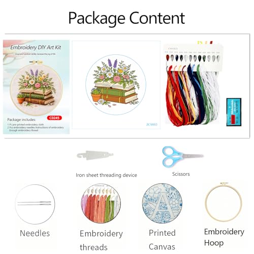 Zhenqing Books and Flowers Embroidery Kit for Beginners, Pre-Printed 29x29cm Cotton Fabric with 20cm Hoop, Literary and Nature Themed Design for Home Decor (JC0003)