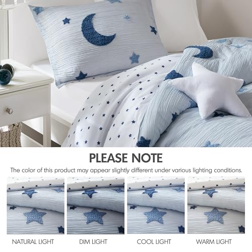 Intelligent Design Kids Cosmos Twin Size Comforter Set – Blue Star and Moon Tufted Chenille, Reversible 3-Piece Bedding with Star Pillow Intelligent Design