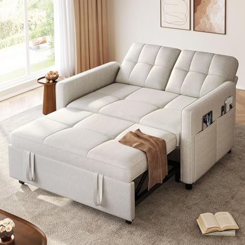 DWVO 55" Convertible Sofa Bed, 3-in-1 Sleeper Sofa with Pull-Out Bed, Linen Futon Couch with Adjustable Backrest and Side Pocket, Modern Loveseat for Living Room Apartment, Light Beige DWVO