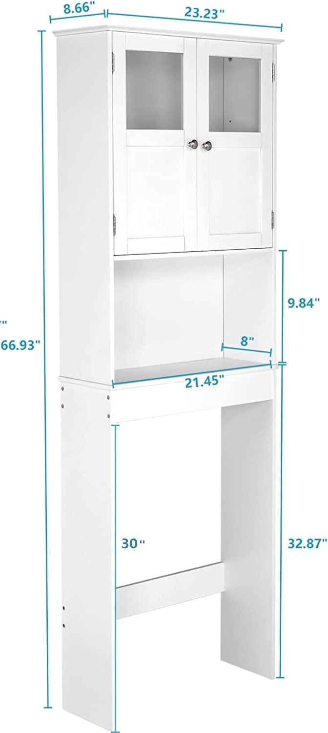 Bonnlo Over The Toilet Storage Cabinet with Adjustable Shelf White Bathroom Floor Organizer Space Saver with Double Doors, 67" Height Bonnlo