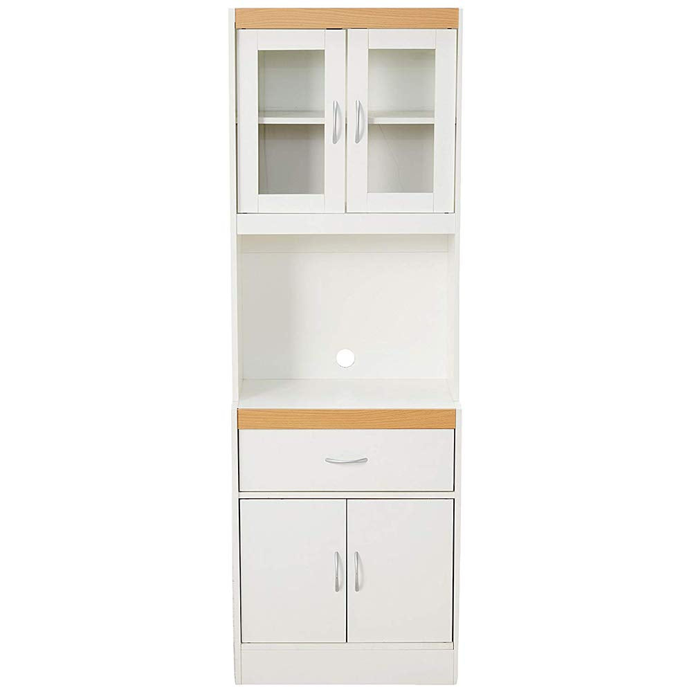 Hodedah Long Standing Kitchen Cabinet with Top and Bottom Enclosed Cabinet Space, One Drawer, Large Open Space for Microwave, White Hodedah