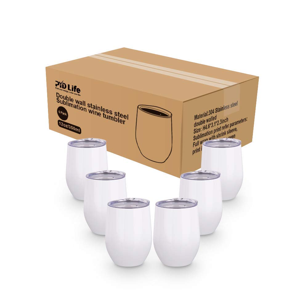 PYD Life Sublimation Blanks Wine Tumbler Cups White 12 OZ Stainless Steel Insulated Stemless Tumbler Sublimation Mugs,Cups 6 Pack PYD Life