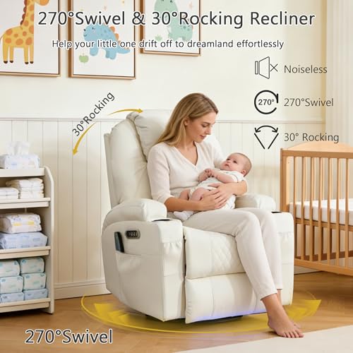 WISHDEER Dual Motor Power Swivel Rocker Recliner Chair for Adults, Rocking Chair Nursery Recliner with Massage and Heat,USB A&C Ports,LED Light,Cup Holders for Living Room Bedroom
