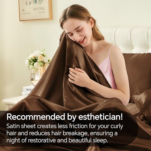 BEDELITE Satin Sheets Queen Size Bed Set, Luxury Soft Brown Silky Sheets for Hair and Skin, Similar to Silk Bed Sheets Set 4 Pieces with 1 Deep Pocket Fitted Sheet, 1 Flat Sheet, and 2 Pillowcases