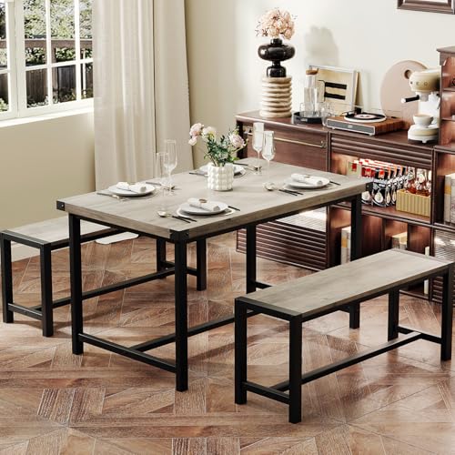 Garvee Dining Table Set for 4, Kitchen Table with Benches, 3 Piece Rectangular Dining Room Set with 2 Wooden Benches for Small Space, Apartment, Studio, Home, Rustic Gray Garvee