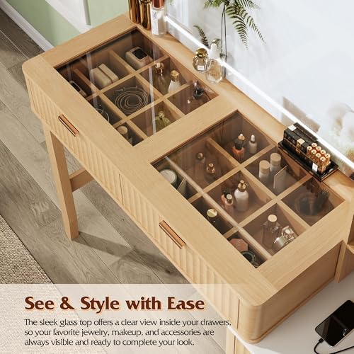 WLIVE Vanity Table with Large LED Mirror & Charging Station – Luxury Makeup Vanity Desk with 5 Drawers, Glass Top and Adjustable Lighting, Oak WLIVE