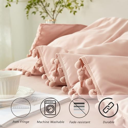 PERFEMET Blush Twin Bed in A Bag for Girls 5 Pcs Boho Pom Pom Bed Comforter Set with Sheets Soft Lightweight Pink Plain Bedding for Kids Teens(Blush, Twin) PERFEMET