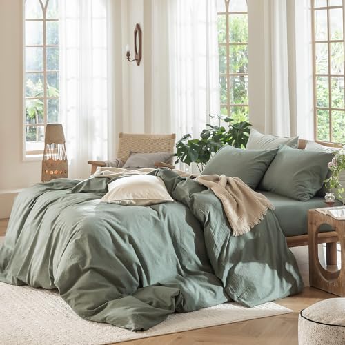 MooMee Bedding Duvet Cover Set 100% Washed Cotton Linen Like Textured Breathable Durable Soft Comfy (Heathered Green, King 104"x90") MooMee