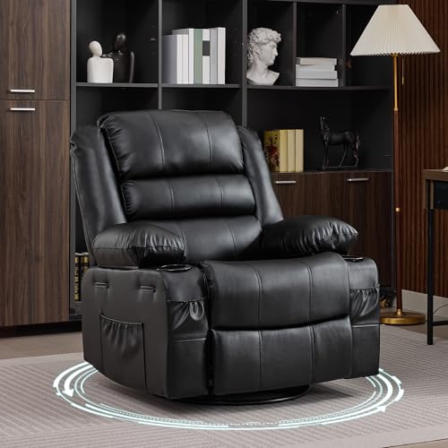 Rocking Recliner Chair for Adults Wide 360° Swivel Rocker Recliner with Cup Holder Nursery Glider with Upholstered Deep Seat PU Leather Comfy Single Sofa for Living Room Black