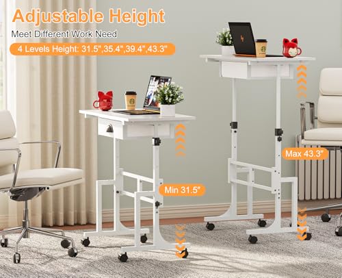 Adjustable Height Standing Desk With Drawer, Rolling Sit Stand Up Desk With Wheels, Small Sit To Stand Computer Desk, Adjustable Desktop Height, On Wheels, White, For Walking Pad Laptop Treadmill Cidaziya
