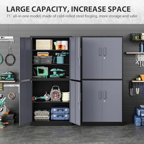 Metal Storage Cabinets With Doors And Shelves,71" Metal Garage Storage Cabinet with Lock,Metal Cabinet with Locking Doors,Steel Pantry Cabinet 4 Doors,Lockable Storage Cabinet for Garage,Home,Office SISESOL