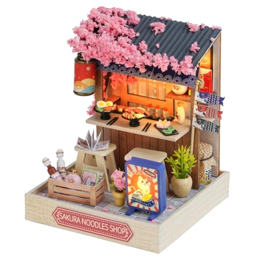 DIY Miniature House Kit, Mini House Building Kit with LED & Dust Cover, DIY Wooden Dollhouse Miniature Kit for Adults Teen, Wooden Crafts Lovely Dollhouse Kit, Sakura Noodle Shop