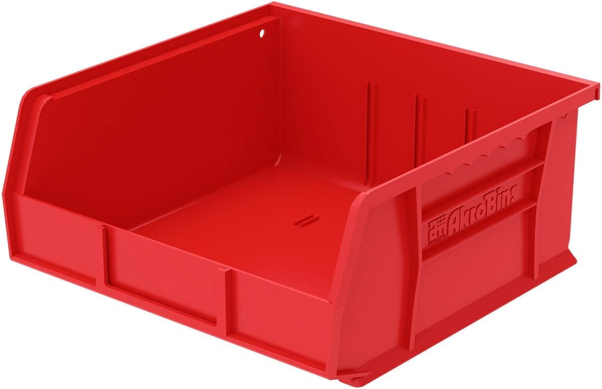 Akro-Mils 30235 AkroBins Plastic Storage Bins, Space-Saving Stackable Bins for Garage, Pantry, Craft Organization, 11" x 11" x 5", Red, 6-Pack Akro-Mils