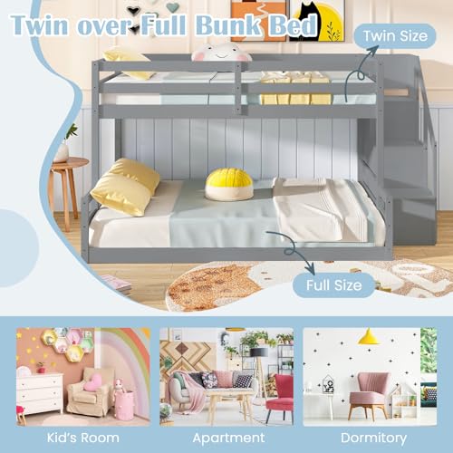 Giantex Twin Over Full Bunk Bed with Stairs, Solid Wood Floor Bunk Bed with Storage Staircase & Full-Length Guardrails, Low Bunk Bed with for Kids, Teens, Adults, Dorm, Small Space, Grey Giantex