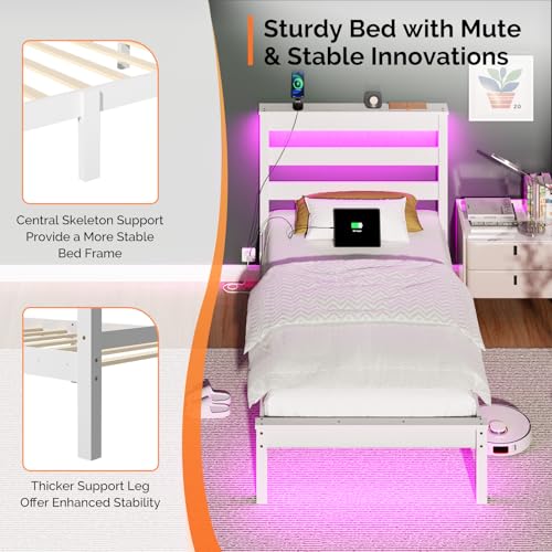 VINGLI Solid Wood Twin Bed Frame with LED Lights & USB Charging, Platform Bed with Storage Headboard Shelf, No Box Spring Needed, Noise-Free, Easy Assembly,White VINGLI