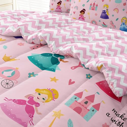 SIRDO Kids Magical Princess Comforter Set Bed in a Bag Twin Size- 5 Piece Soft Cute Castle Bedding Set for Girls (1 Comforter, 1 Flat Sheet, 1 Fitted Sheet, 2 Pillowcases), Pink SIRDO