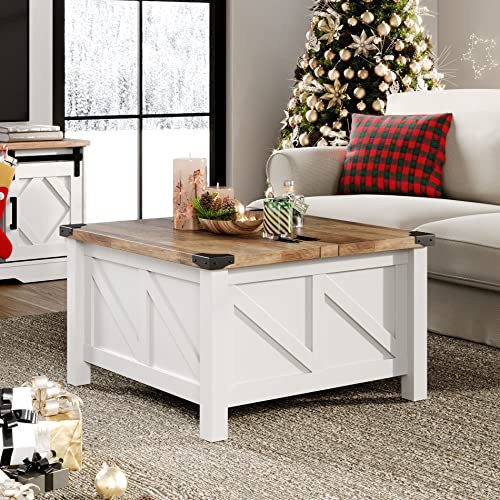 WAMPAT Modern Farmhouse Coffee Table, Square Wood Center Table with Gas Struts Lift-Top for Extra Large Hidden Storage, Metal Bracket Corner, Z-Shaped, White WAMPAT