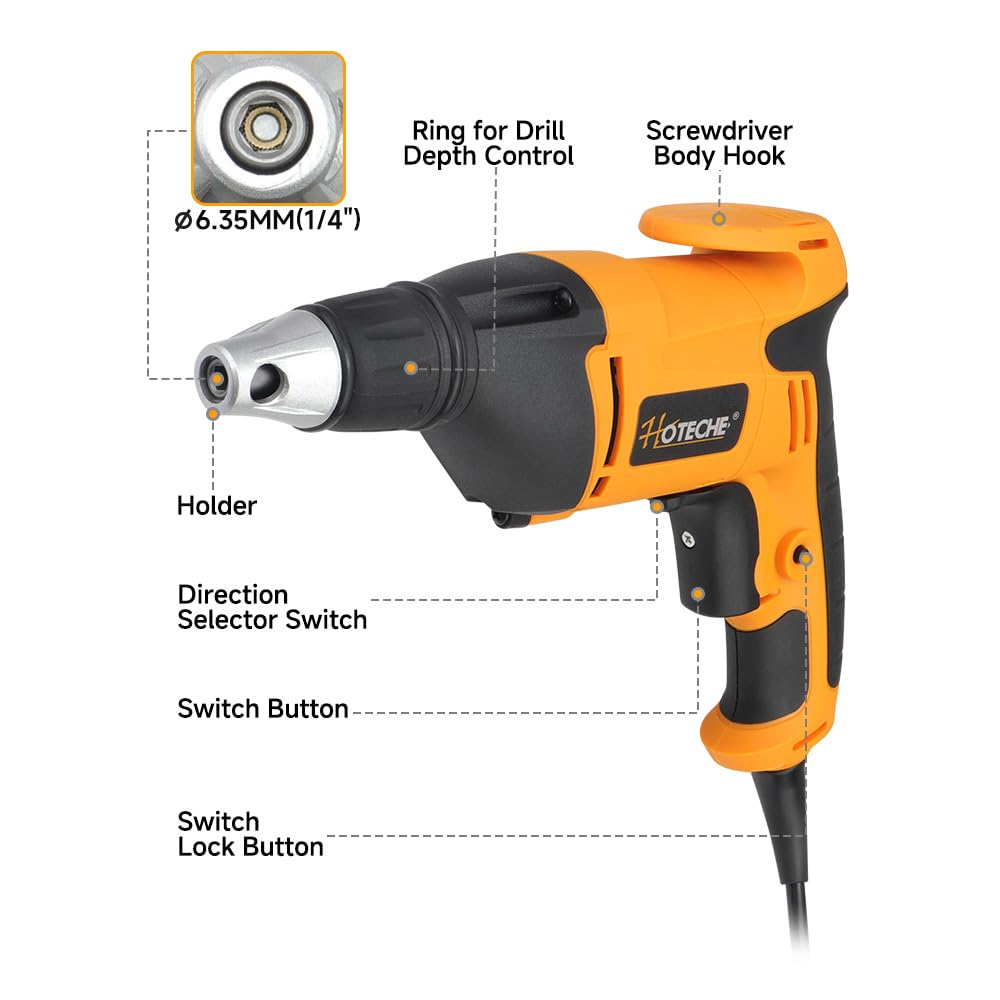 Hoteche 4.5-Amp Drywall Screw Gun, Electric Screwdriver with Variable Speed 0-4500 RPM, 1/4" Chuck, Forward & Reverse Switch Hoteche