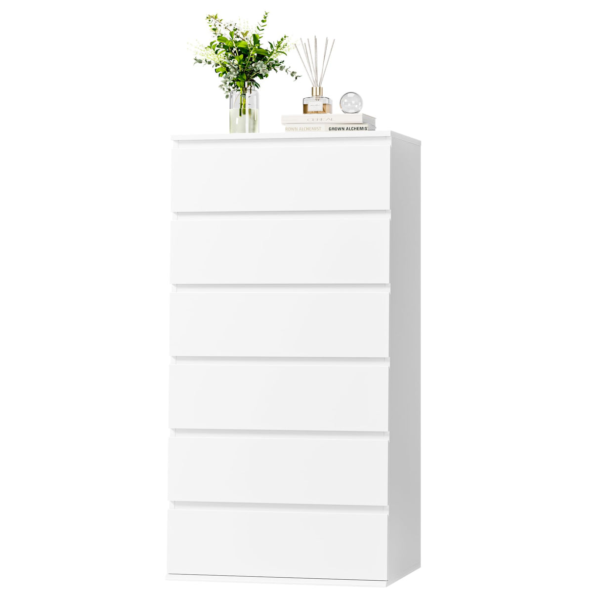 FOTOSOK White Dresser, 6 Drawer Dresser, Modern Tall Floor Storage Cabinet with Metal Sliding Rail, Wooden Handleless Drawer Cabinet, 6-Layer Large Capacity Vertical Dressers for Home & Office FOTOSOK
