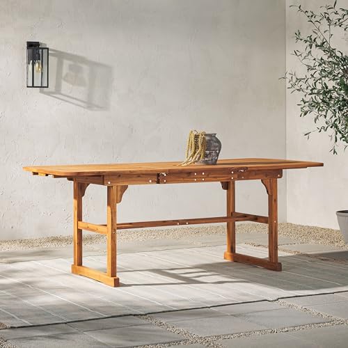 Walker Edison AZW7TXVINBR 6 Person Outdoor Wood Chevron Patio Furniture Dining Set Extendable Table Chairs All Weather Backyard Conversation Garden Poolside Balcony, 7 Piece, Brown Walker Edison