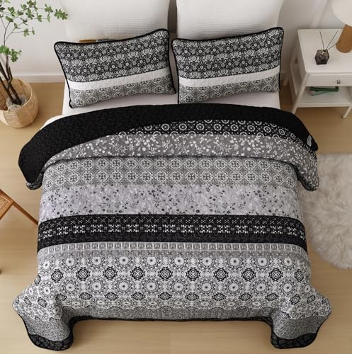 WONGS BEDDING Boho Quilt Set King, Bohemian Black Striped Patchwork Bedspread Coverlet Set with 2 Pillowcases,Lightweight Microfiber Floral Bedding Set 104"×90" WONGS BEDDING