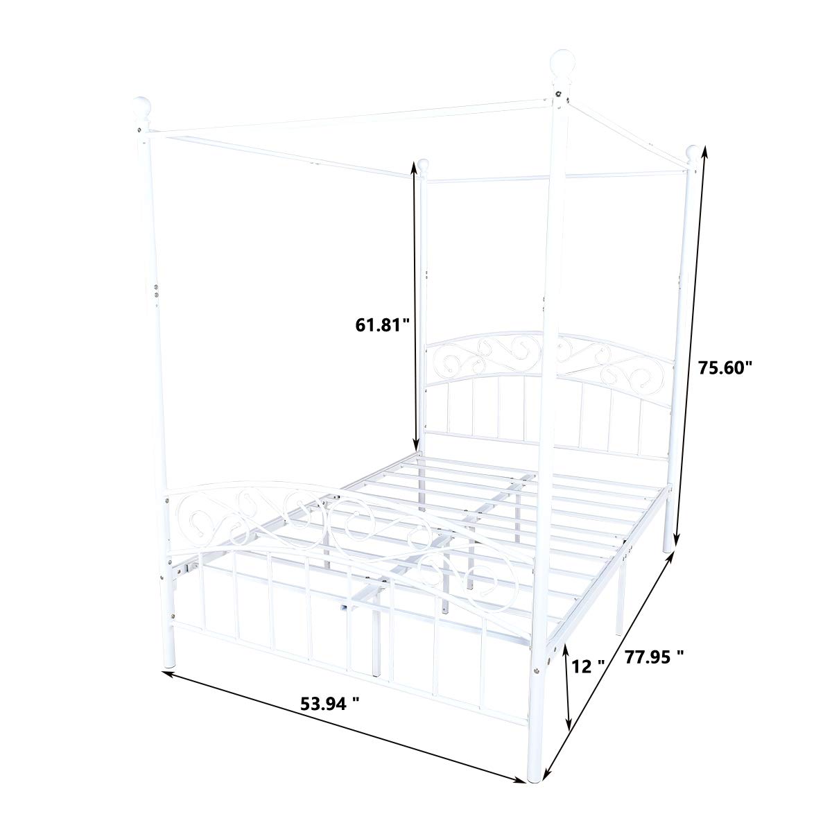 JURMERRY Metal Canopy Bed Frame Four-Poster Bed with Headboard & Footboard Mattress Foundation Sturdy Slatted Structure No Box Spring Needed Easy Assembly,Full White JURMERRY
